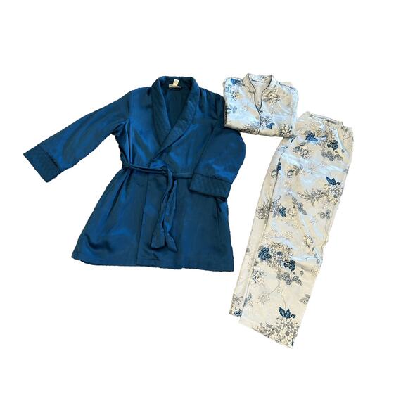 Vintage MORGAN TAYLOR Size S 3 PC PAJAMA & ROBE SET TOP & PANTS Floral Blue J23 - Picture 1 of 9